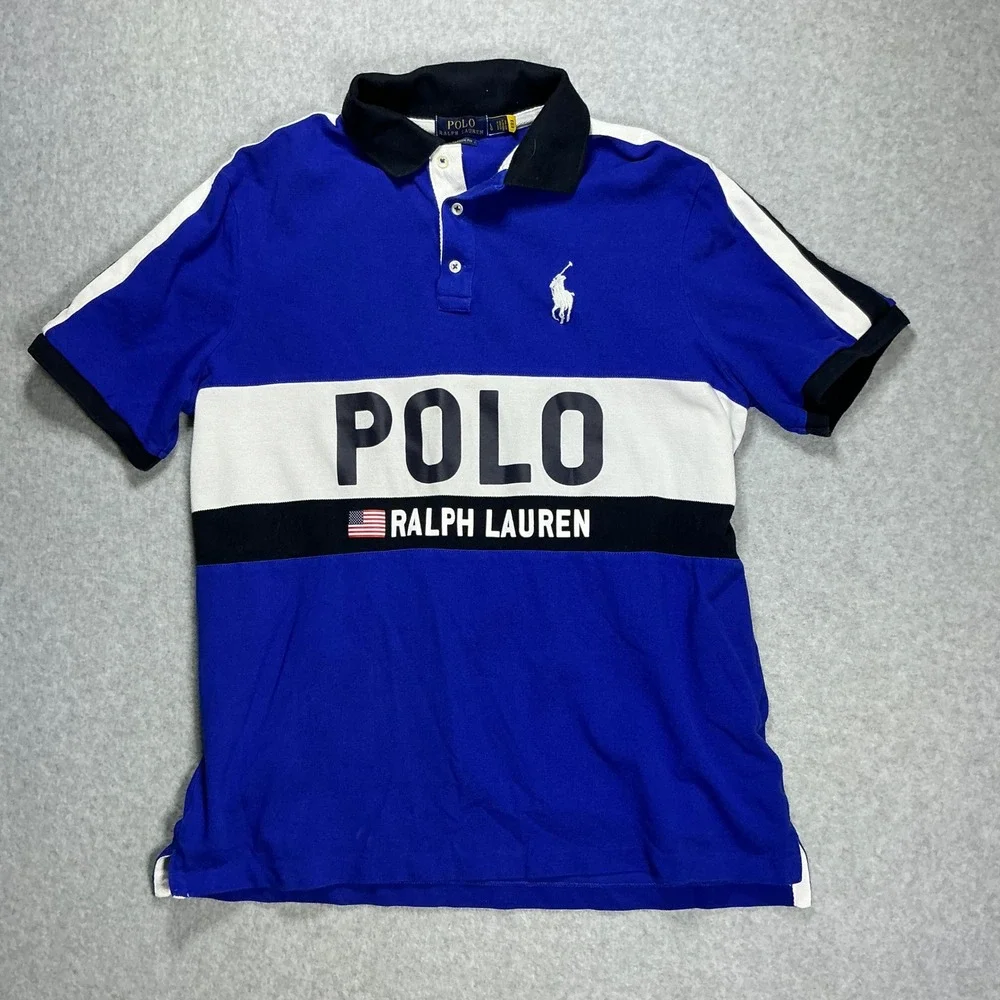 Polo Ralph Lauren Mens Large Blue Colorblock Graphic Logo Polo Shirt Classic Fit
